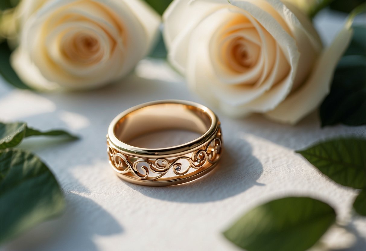 A wedding ring with "Endless Love" engraved encircled by intertwined roses and vines