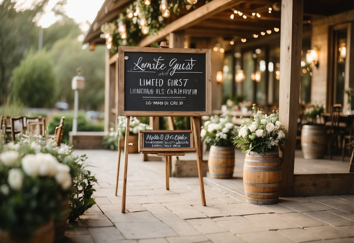 A small wedding venue with a sign "Limited Guest List, $15k" displayed. Decor includes simple flowers and string lights