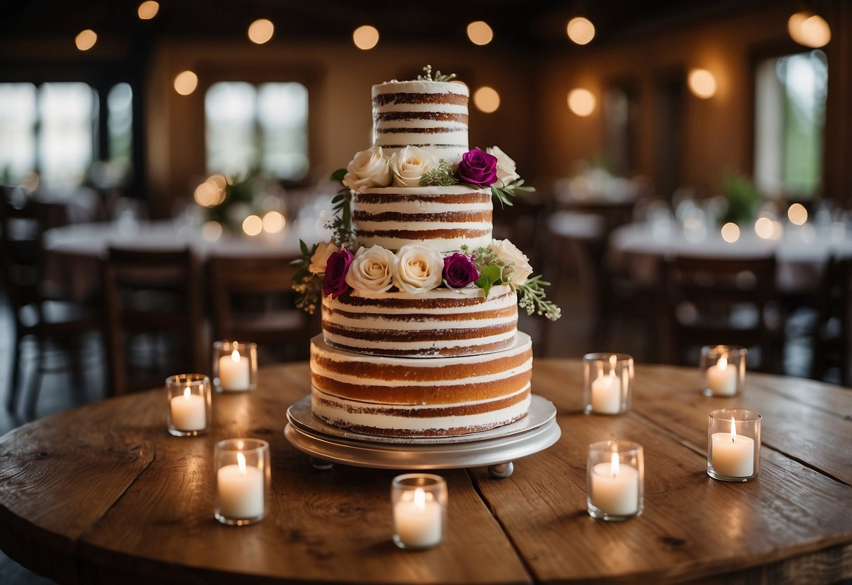 A tiered wedding cake sits on a rustic wooden table, adorned with fresh flowers and delicate frosting details. A budget-friendly sign reads "Can you get married for 15k."