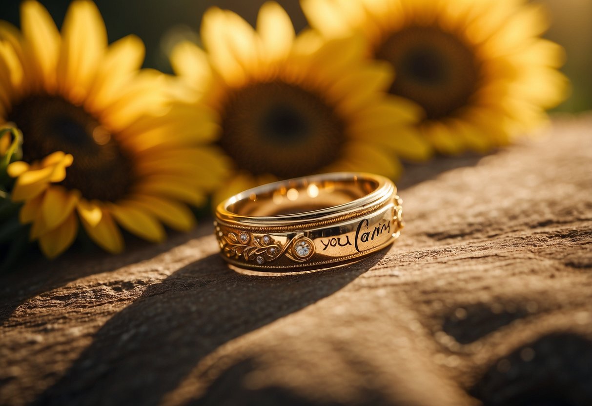 A golden wedding ring with "You are my Sunshine" engraved inside, surrounded by radiant sunflowers and soft sunlight