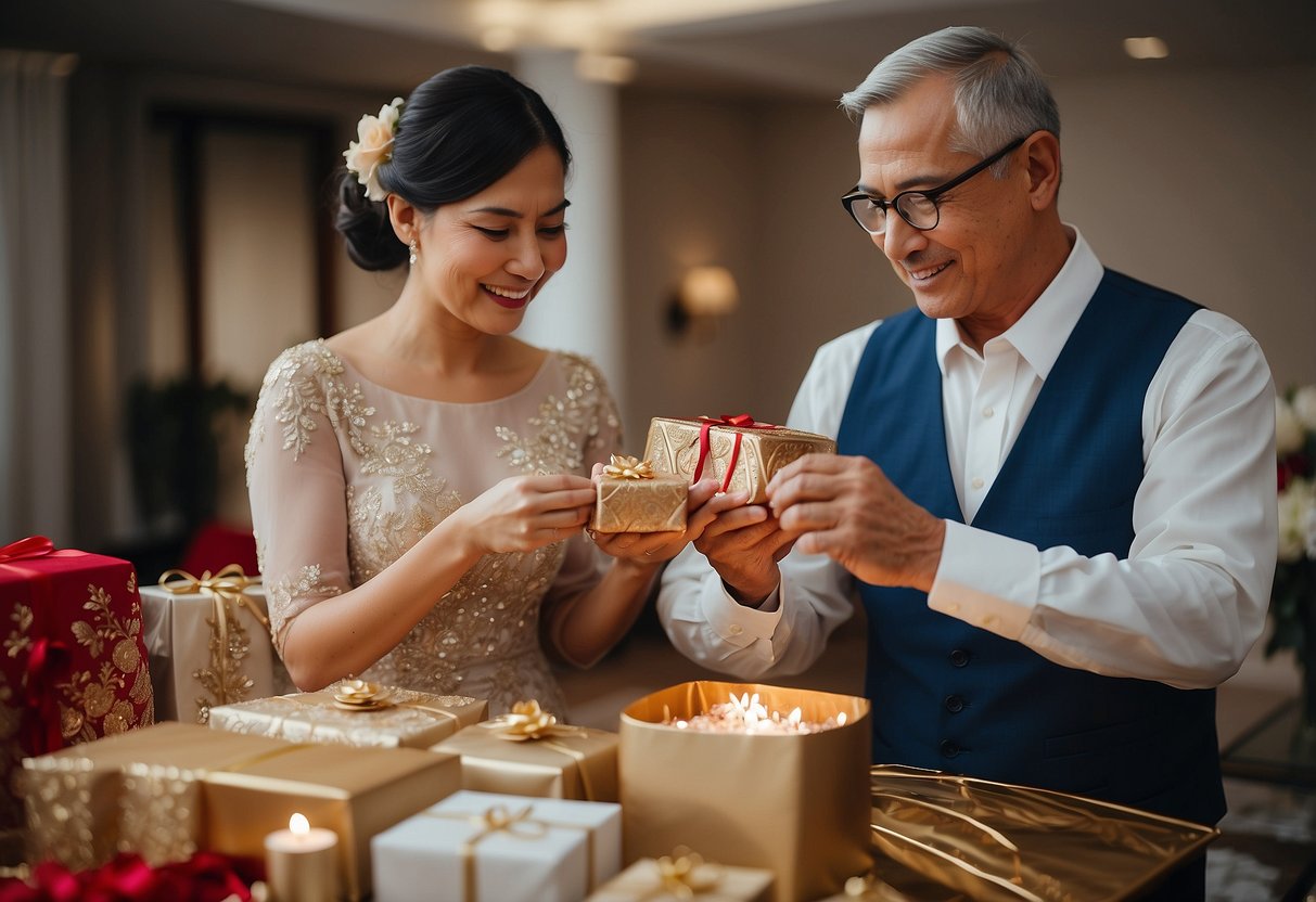 The groom's parents prepare traditional gifts for the bride's family