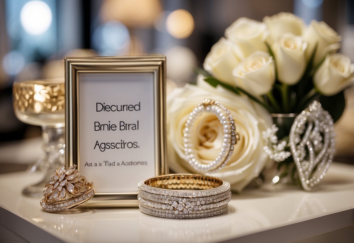 A display of bridal accessories with a sign reading "Discounted Bridal Accessories - get married for 15k" prominently placed