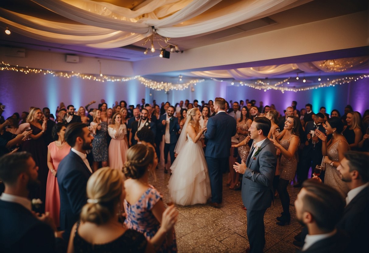 A festive wedding reception with a colorful dance floor and a DJ booth. The room is filled with joyful guests enjoying the music and celebrating the marriage