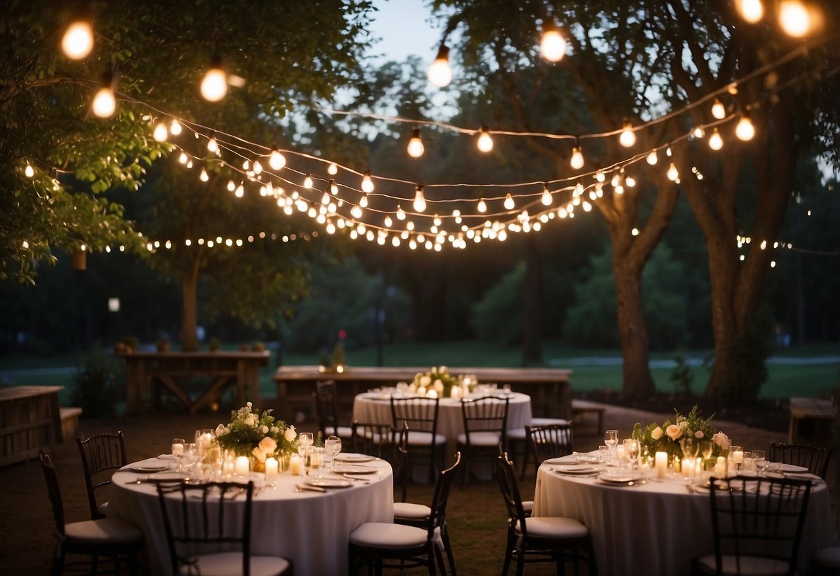 Soft, warm string lights hang above an outdoor wedding reception, casting a romantic glow on the tables and dance floor. Fairy lights twinkle in the surrounding trees, creating a magical atmosphere