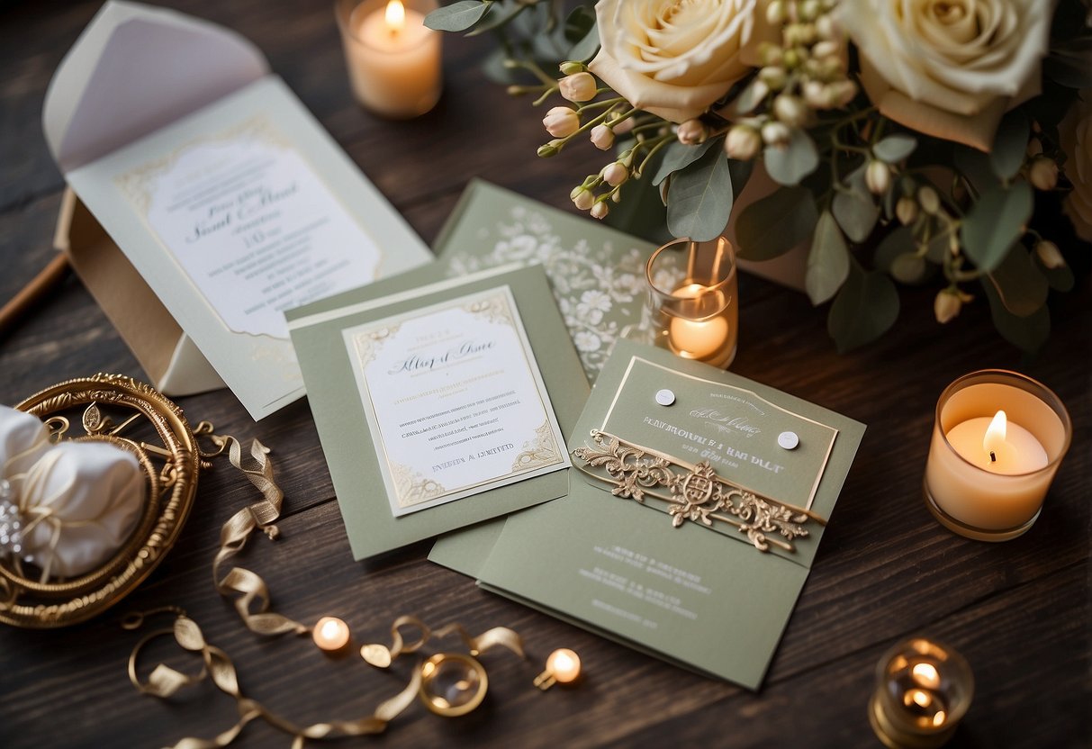 A wedding invitation surrounded by budget-friendly decor and a calculator showing $15,000