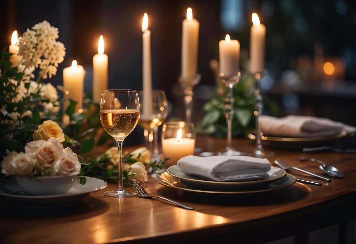 A beautifully set dining table with candles, flowers, and elegant dinnerware. A bottle of champagne chilling in an ice bucket. Soft lighting and romantic music playing in the background