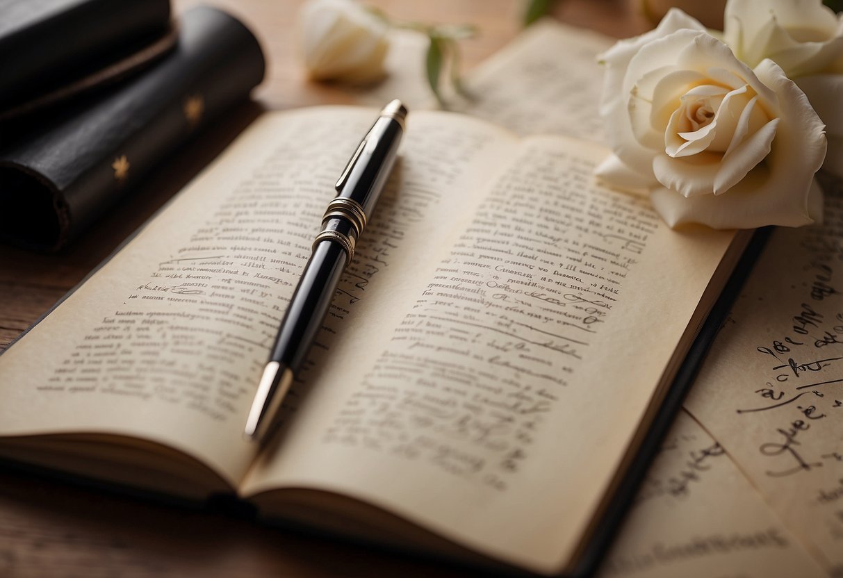 A pen poised over a pristine sheet of paper, surrounded by scattered notes and a well-worn book of love poems