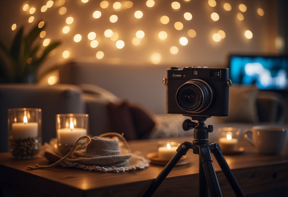 A cozy living room with a backdrop of twinkling fairy lights, a table filled with props like hats and glasses, and a camera on a tripod ready for fun snapshots