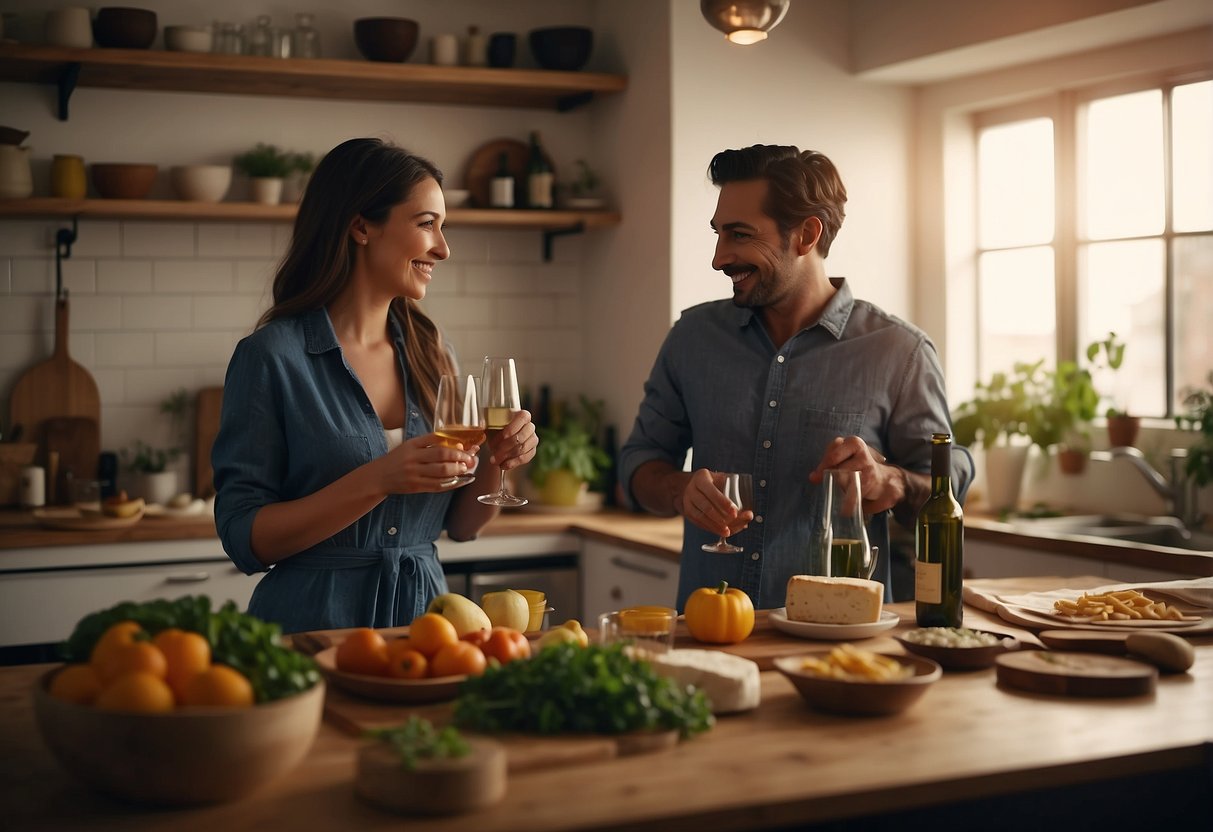 A couple cooks together in a cozy kitchen, surrounded by ingredients and utensils. A bottle of wine sits on the counter, adding a touch of romance to the anniversary celebration