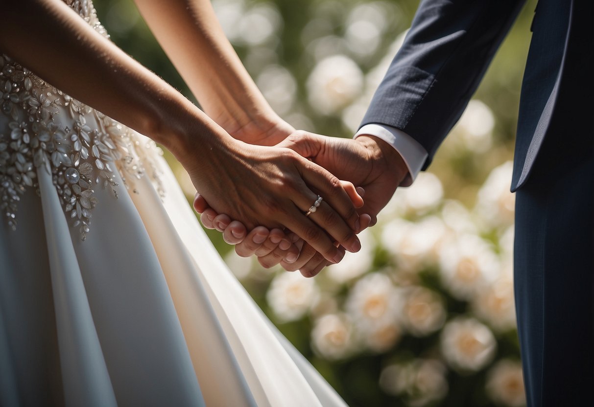 A couple's hands clasping together, exchanging heartfelt wedding vows, with a serene and romantic backdrop