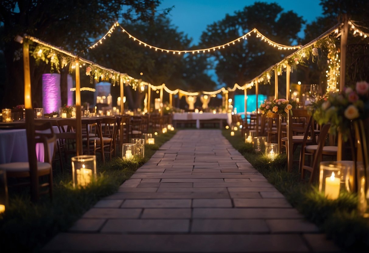 Vibrant neon signs illuminate a romantic outdoor wedding, casting a colorful glow on the festivities and creating a magical atmosphere