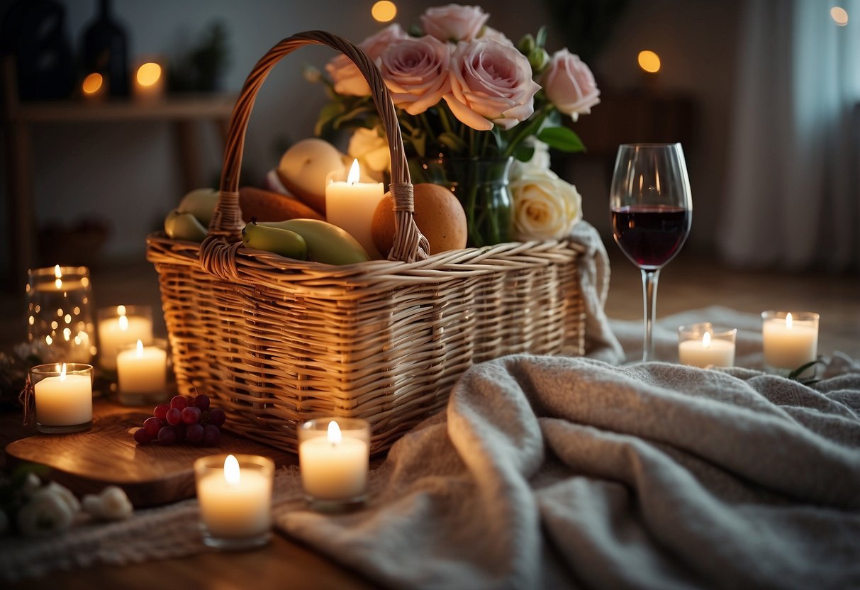 An indoor picnic: a cozy blanket spread on the floor, surrounded by candles and fairy lights. A picnic basket filled with delicious treats, a bottle of wine, and a vase of fresh flowers as the centerpiece