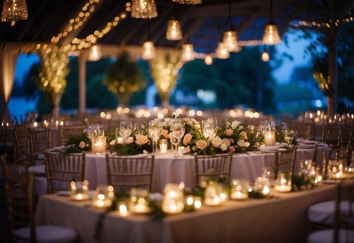 Colorful spotlights illuminate a wedding venue, creating a romantic and enchanting atmosphere