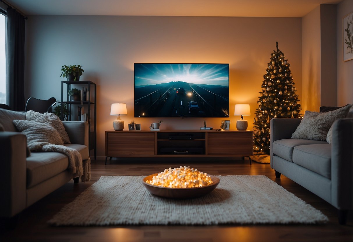 A cozy living room with a big screen, popcorn, and cozy blankets. Movie posters and string lights add to the festive atmosphere