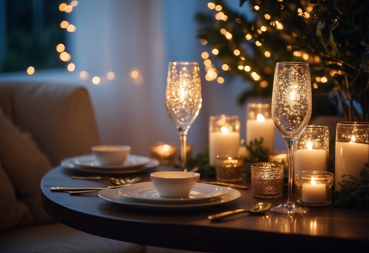 A cozy living room with romantic lighting, elegant table setting, and themed decorations for a dress-up night wedding anniversary celebration at home