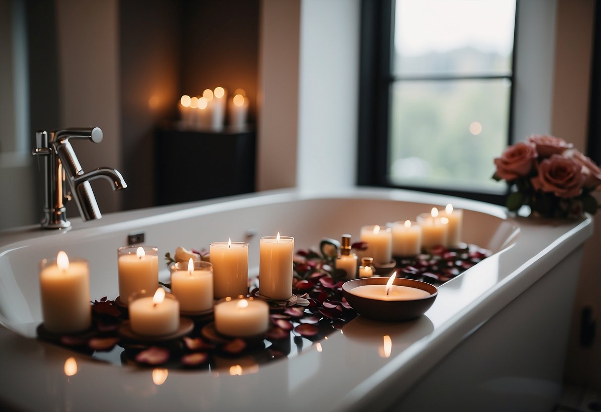 A serene bathroom with candles, rose petals, and a luxurious bath set up for a couple's wedding anniversary home spa day celebration