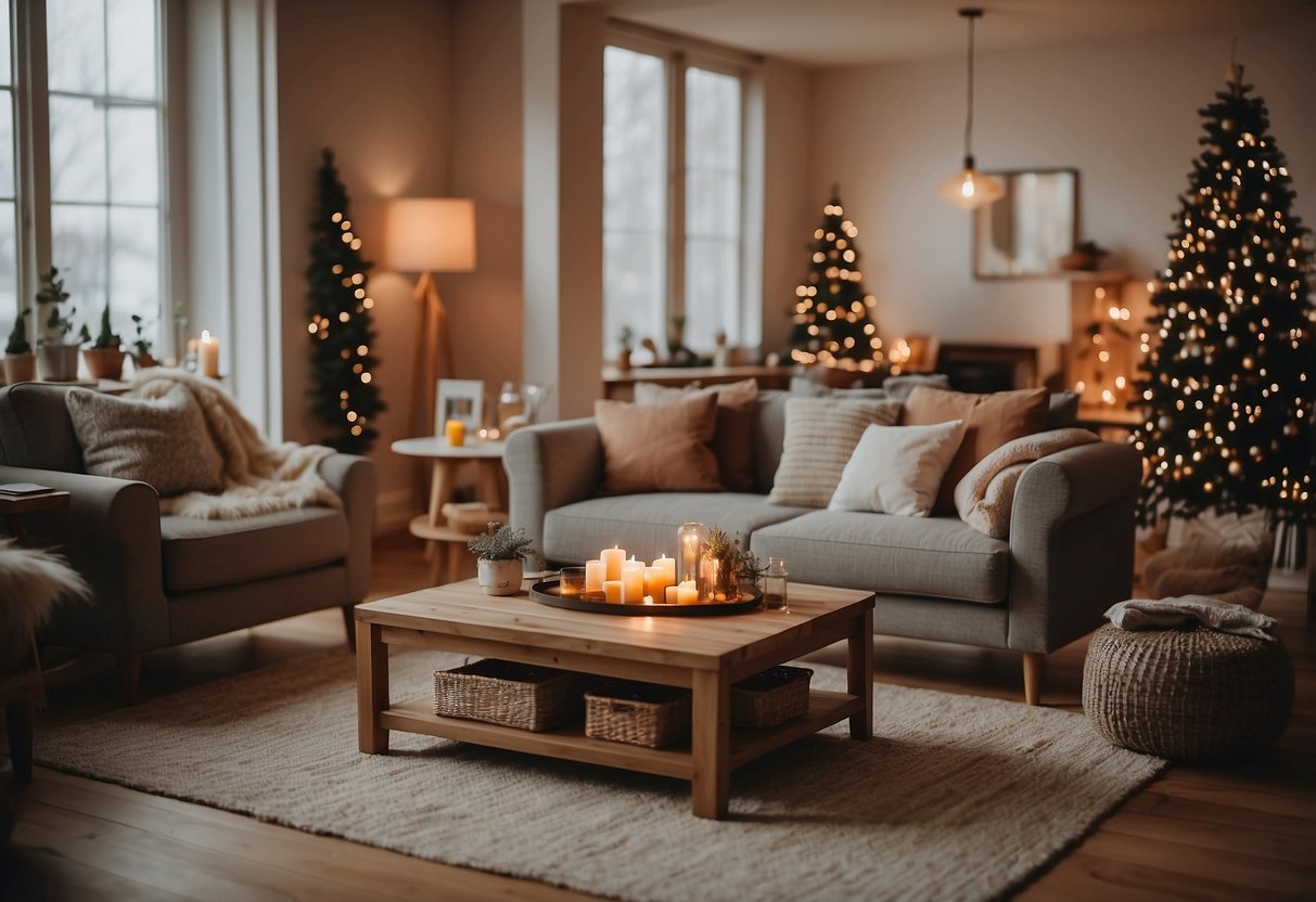 A cozy living room with a table set for board games, surrounded by festive decor and a warm, celebratory atmosphere