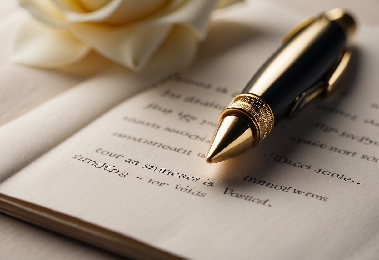 A pen poised over a blank sheet of paper with the words "short and sweet tips for writing wedding vows" written at the top