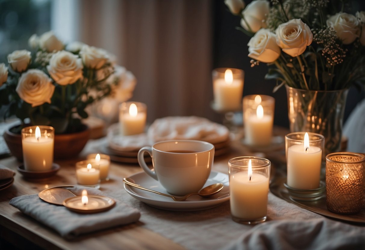 A table set with candles, flowers, and love letters. A cozy living room with soft music and a homemade meal. An atmosphere of romance and celebration