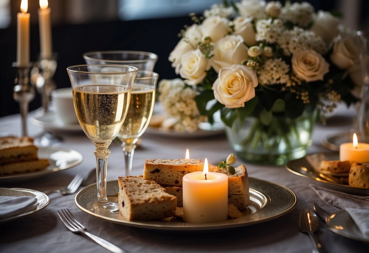 A table set with elegant dinnerware and glasses, adorned with a bouquet of flowers and candles. A bottle of champagne chilling in a bucket, surrounded by appetizers and a decadent dessert