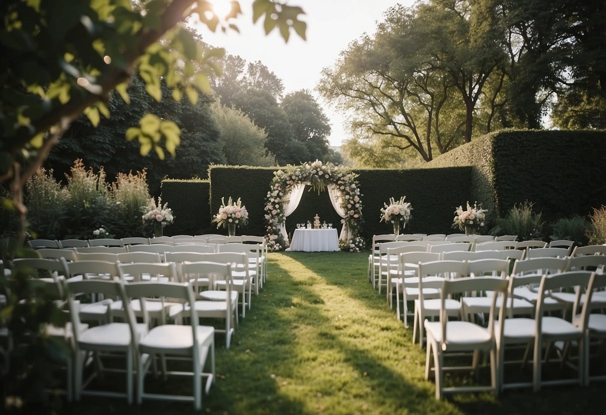 A cozy, intimate wedding ceremony in a secluded garden with soft lighting and minimal decor