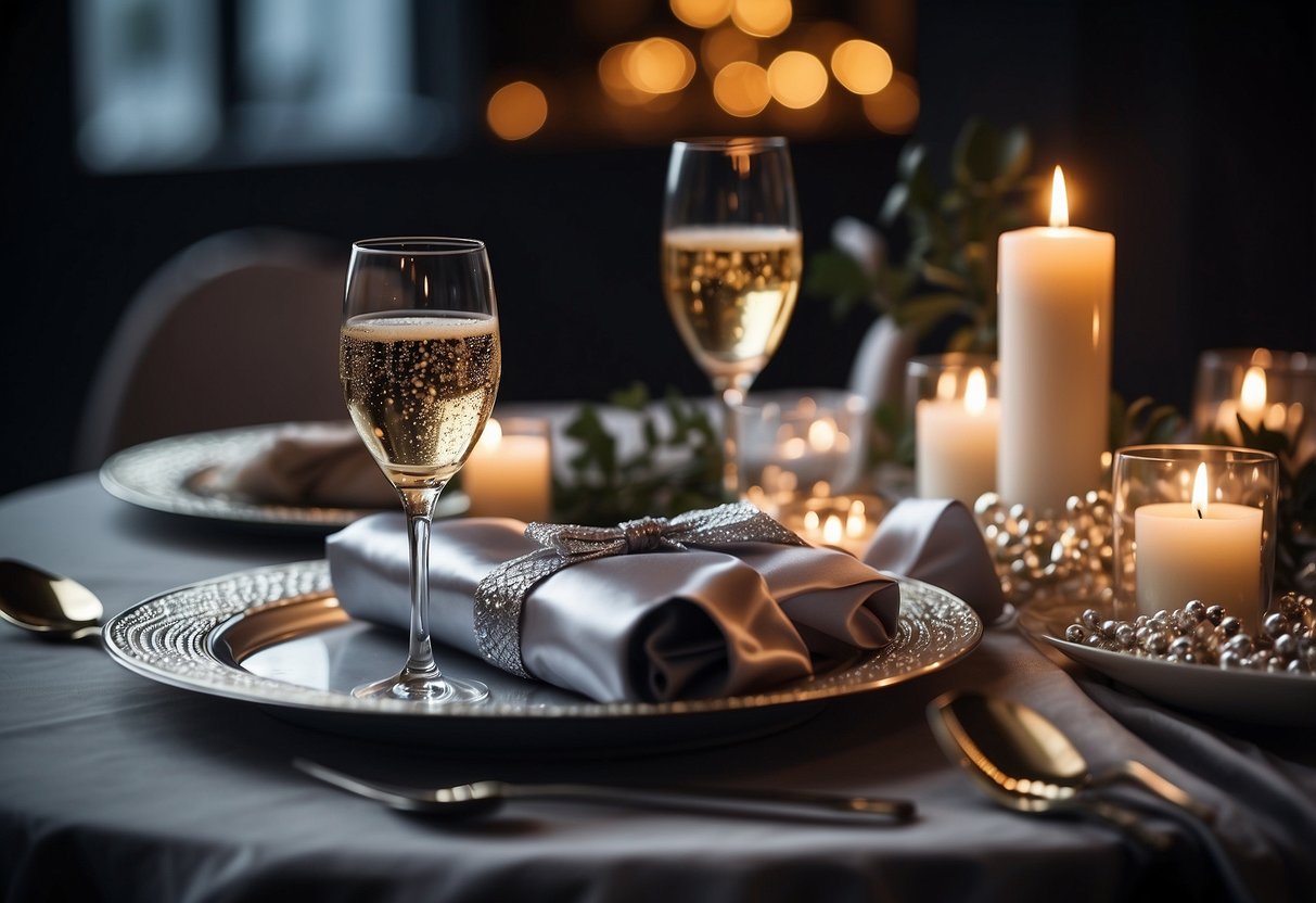 A table set with a romantic dinner, candles, and a bottle of champagne. A gift wrapped in silver paper with a bow sits on the table