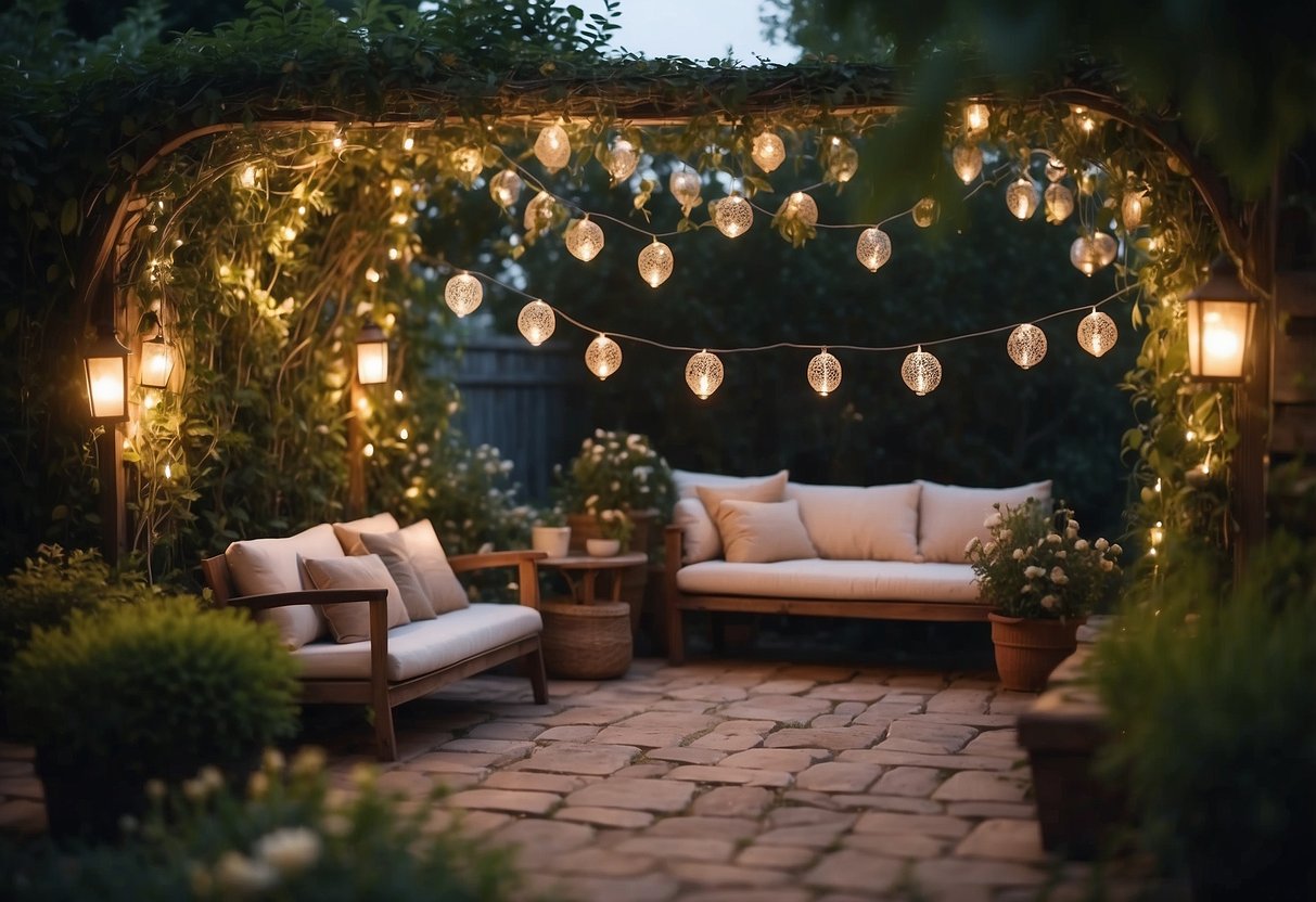 A small, secluded backyard with fairy lights, lanterns, and cozy seating. A simple arch adorned with greenery and flowers. A serene and intimate setting for introverted couples