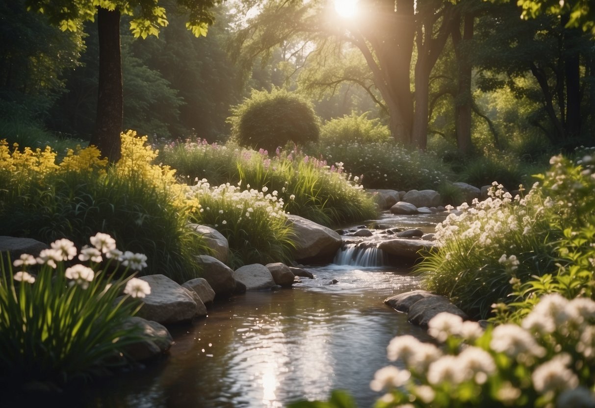 A serene garden with blooming flowers and a gentle stream, surrounded by tall trees and soft sunlight filtering through the leaves