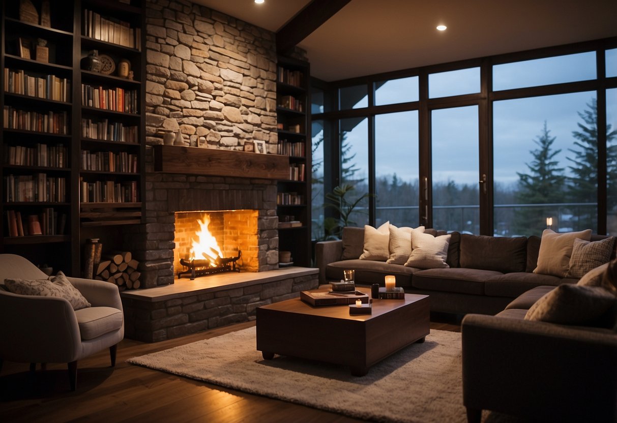 A warm, inviting lounge area with soft, plush seating, warm lighting, and cozy decor. A bookshelf filled with novels and a fireplace create a comfortable, intimate atmosphere