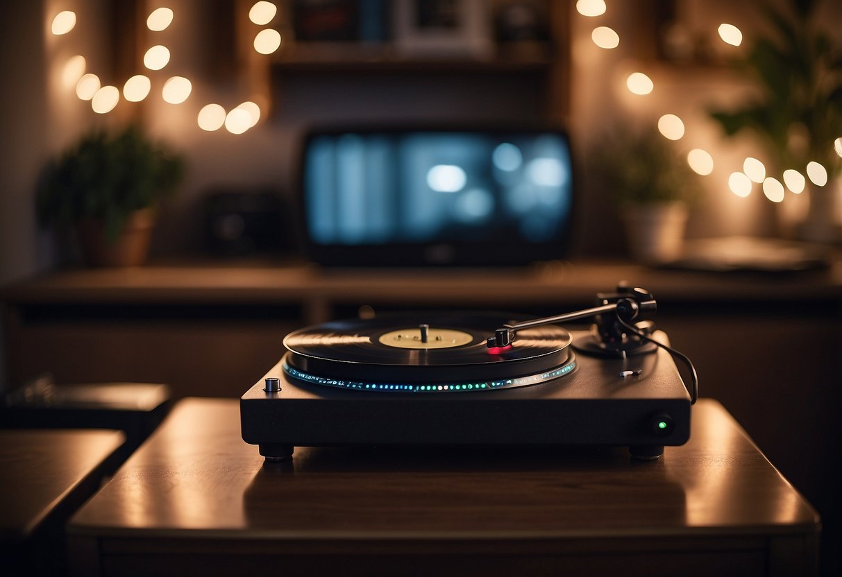 A cozy living room with a record player, softly lit by string lights. A stack of vinyl records sits nearby, with a handwritten playlist on top