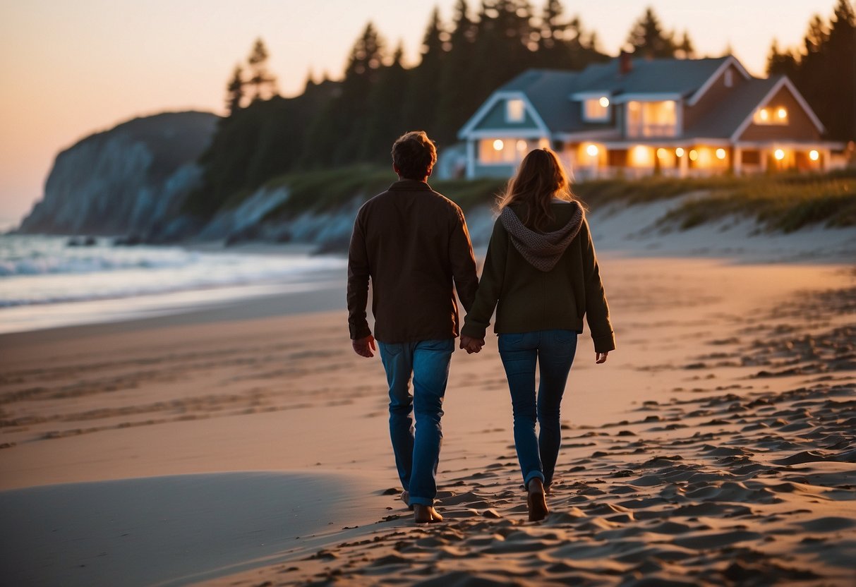 A couple strolling hand in hand on a secluded beach at sunset, with a cozy beachfront cottage in the background