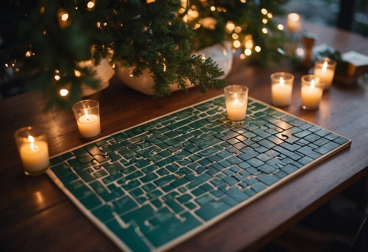 Guests write well-wishes on puzzle pieces, creating a unique guest book. A cozy nook with a table and chairs, surrounded by fairy lights and greenery, sets the scene