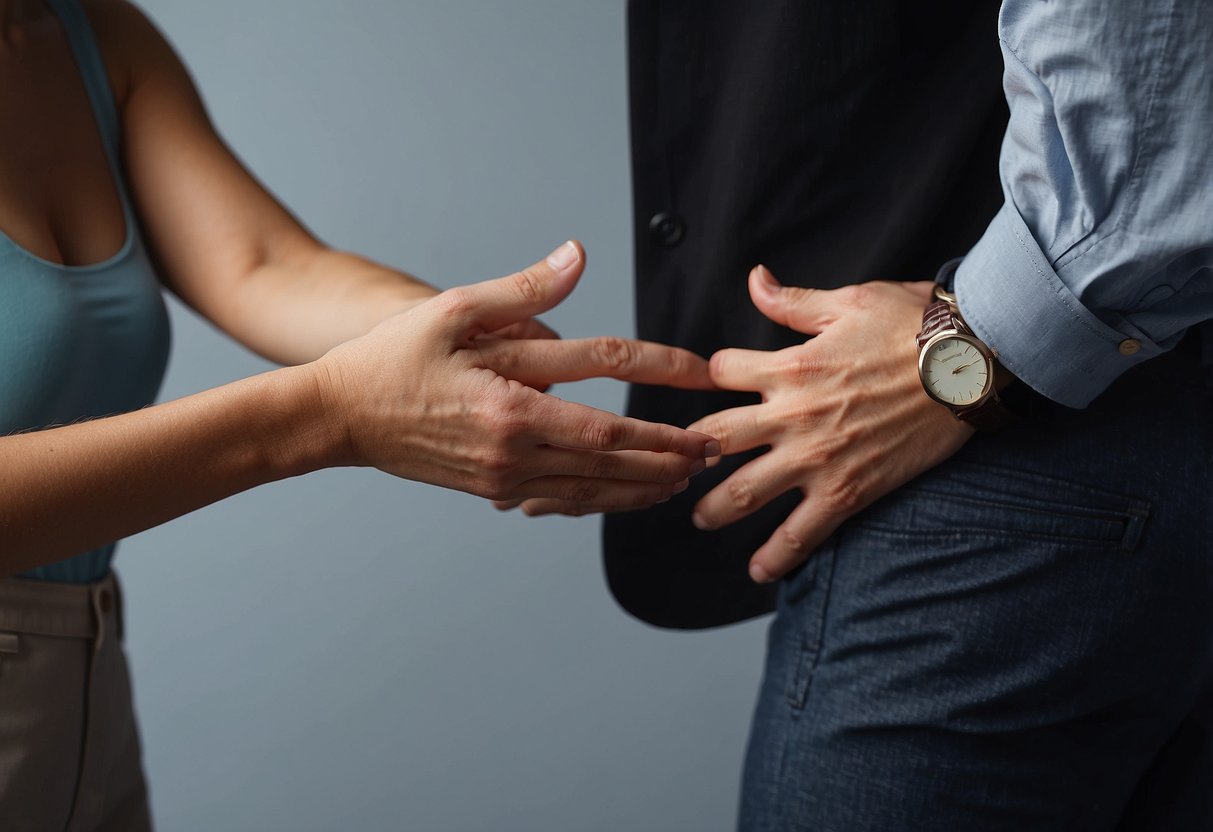 A man's hand hesitates near a woman's lower back, showing inner turmoil