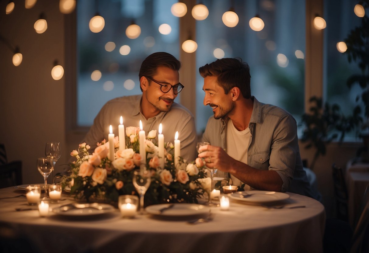 A couple prepares a romantic dinner together, surrounded by candles and flowers, to celebrate their 5th wedding anniversary