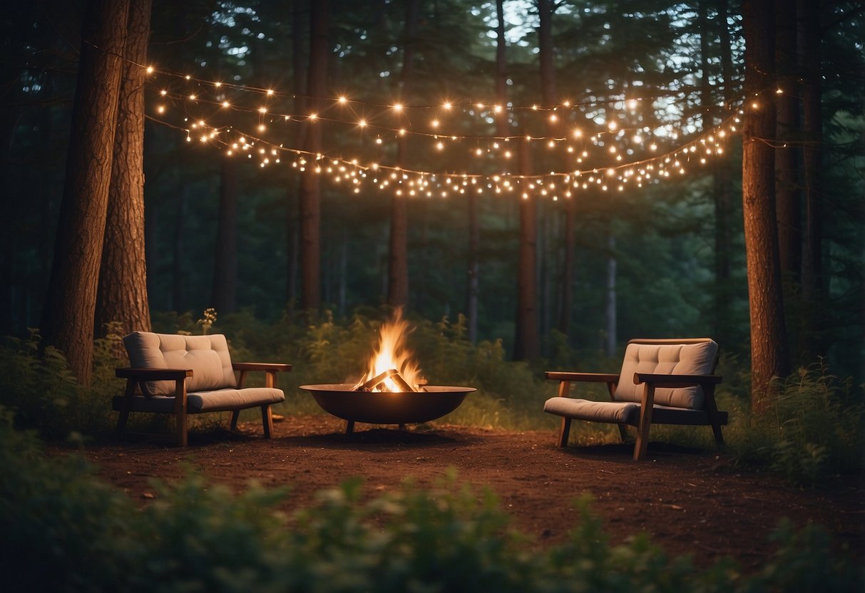 A serene forest clearing with fairy lights strung overhead, a cozy campfire, and a rustic altar adorned with wildflowers