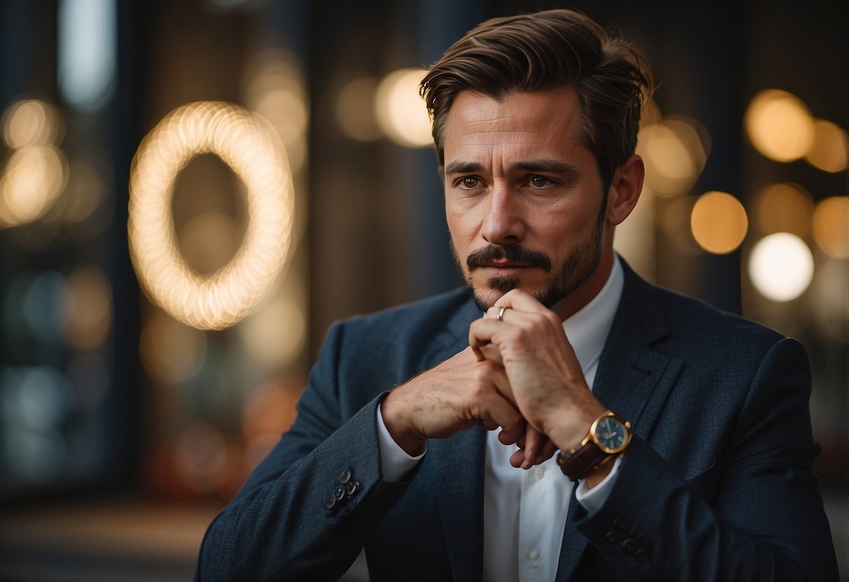 A married man nervously glancing away while fidgeting with his wedding ring