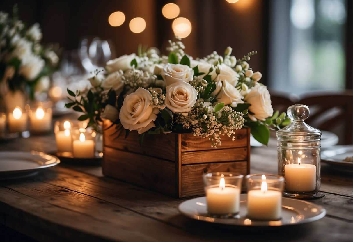 Elegant wedding favors displayed on a rustic table, surrounded by soft candlelight and delicate floral arrangements