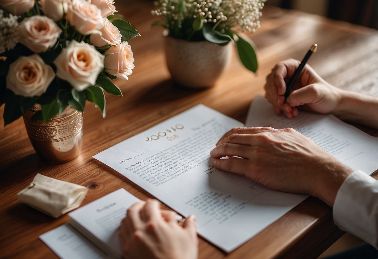 Two hands write love letters on a wooden table, surrounded by anniversary mementos like flowers and a wedding photo