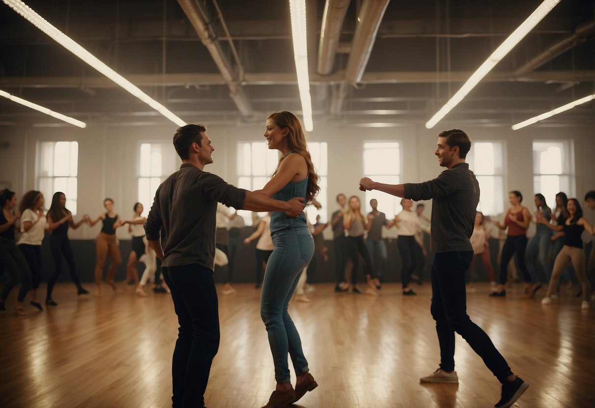 A room filled with couples learning to dance, surrounded by mirrors and soft lighting. The instructor demonstrates graceful movements as the students follow along