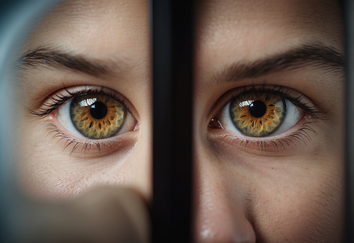 A pair of eyes peering through a partially opened door, fixated on someone across the room