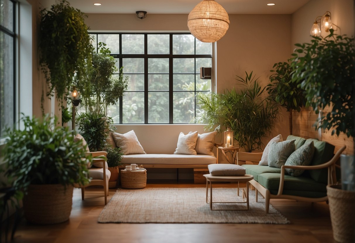 A cozy, intimate setting with soft lighting, comfortable seating, and quiet corners for conversation. Greenery and natural elements create a peaceful, relaxed ambiance