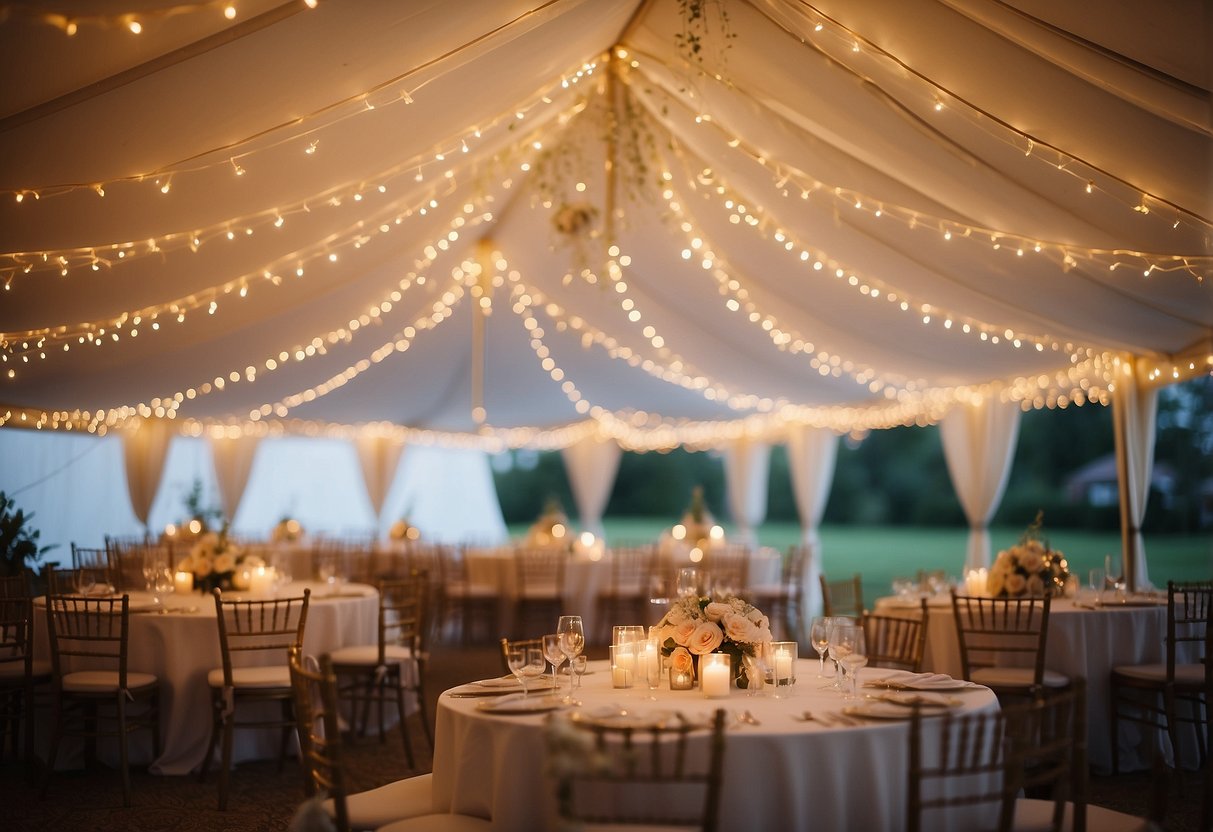 Soft, warm string lights drape from the ceiling of a white wedding tent, casting a romantic and intimate glow over the space. Fairy lights twinkle around the perimeter, creating a magical ambiance