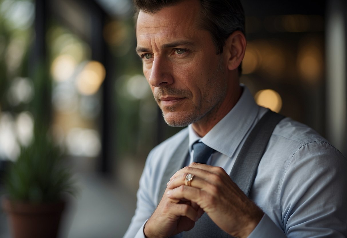 A man glances away, fidgeting with his wedding ring, avoiding any mention of his wife