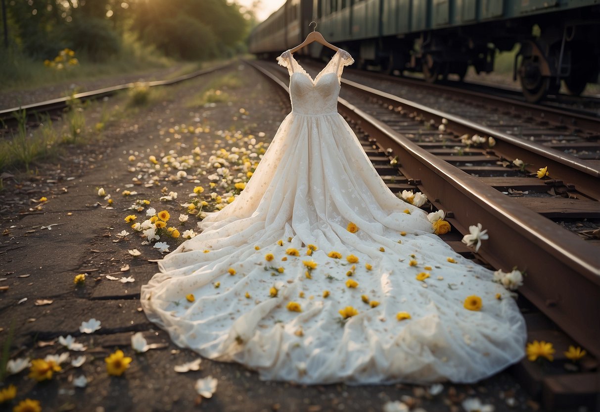 A discarded wedding dress lies on the floor, surrounded by wilting flowers and scattered confetti. The train trails behind, crumpled and stained