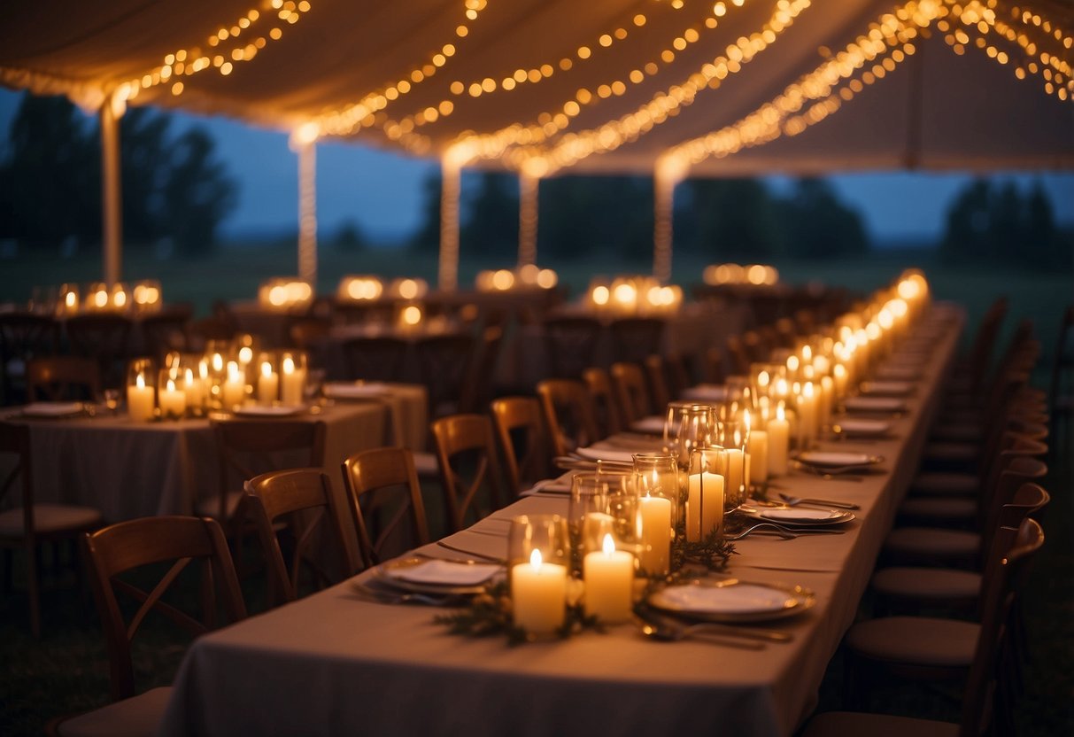 Warm LED candles glow in a wedding tent, providing safety and ambiance. Shadows dance on the fabric, creating a romantic atmosphere