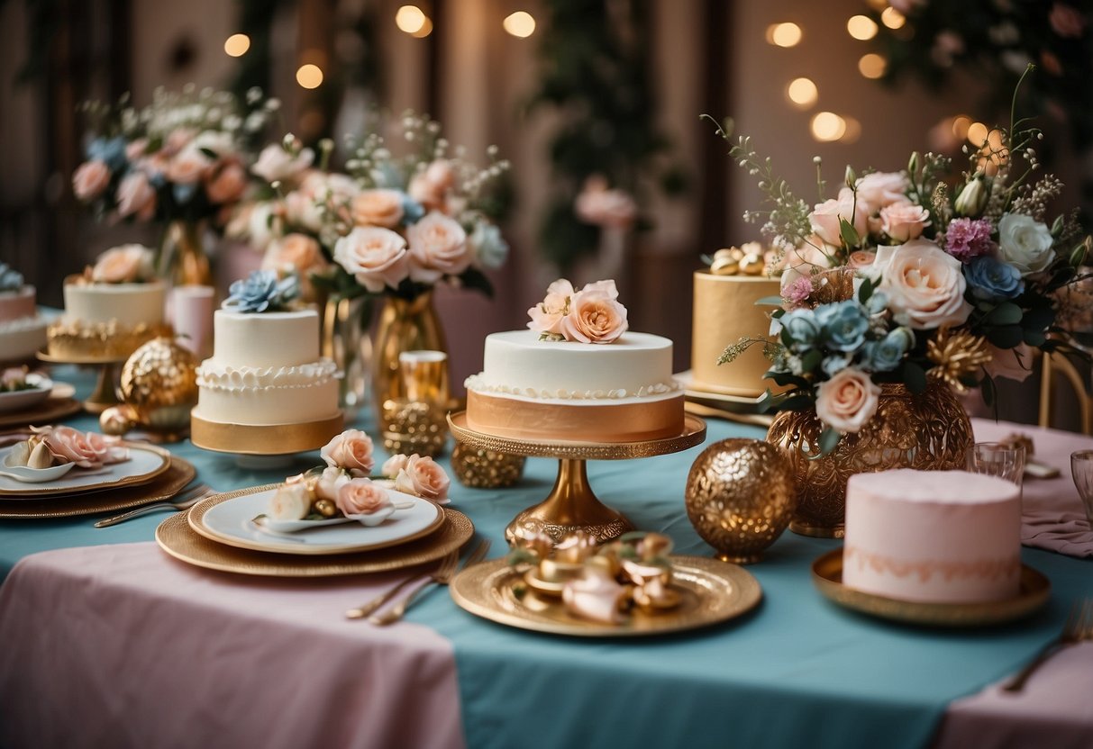 A table adorned with unique wedding cake designs: geometric shapes, floral patterns, and metallic accents. A variety of flavors and colors add to the creative display