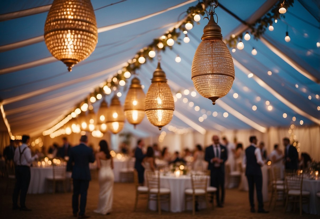 Glowing pendant lights cast a warm and elegant ambiance in a chic wedding tent, creating a romantic and sophisticated atmosphere