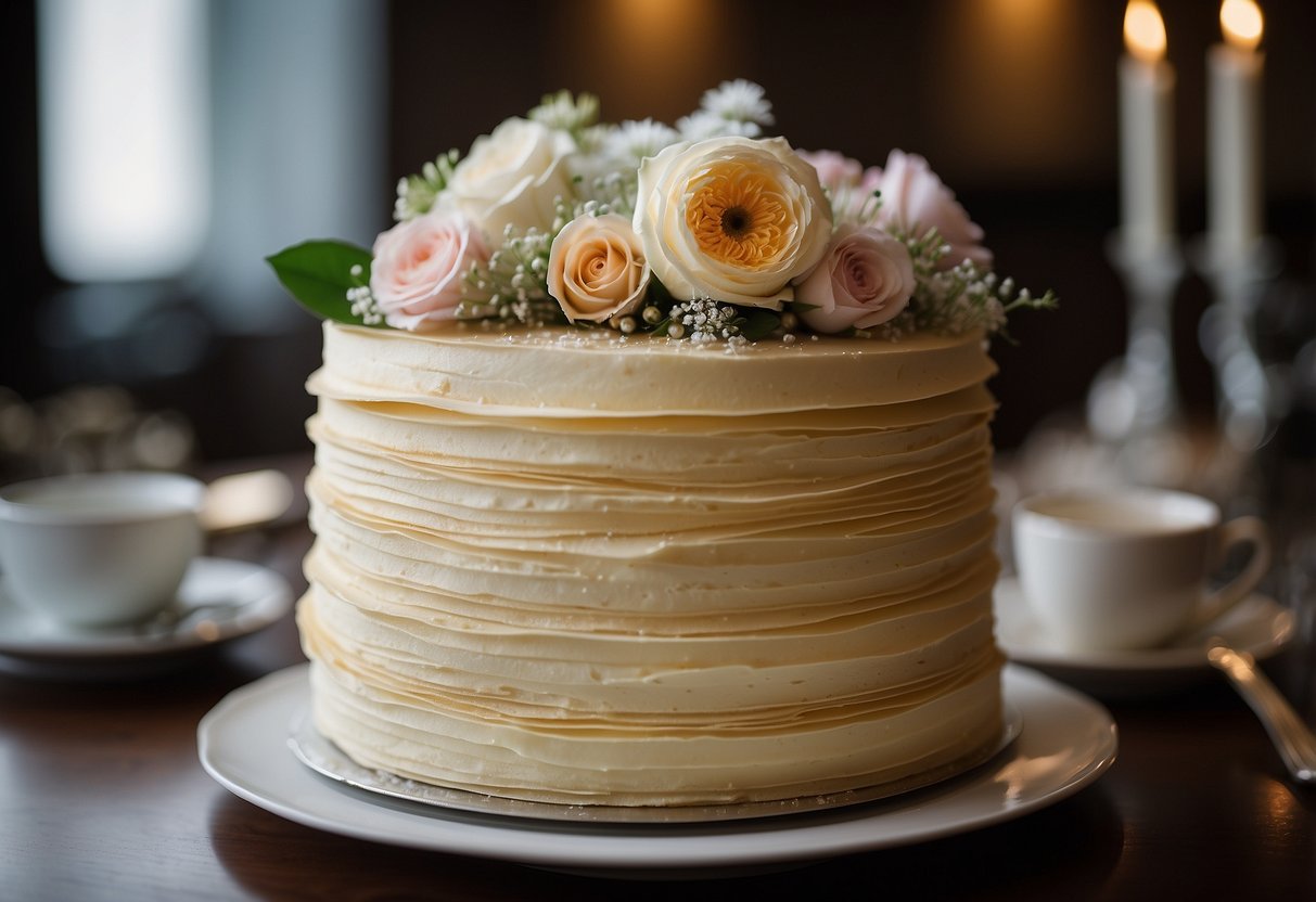 A tall, elegant Mille Crepe Cake adorned with delicate flowers and ribbons, standing as a unique alternative wedding cake idea