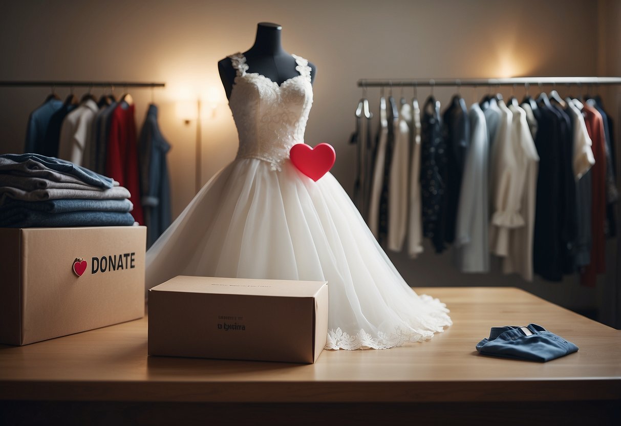 A wedding dress being dropped into a donation box with a heart logo, surrounded by other items of clothing and a sign that says "Donate it to charity."