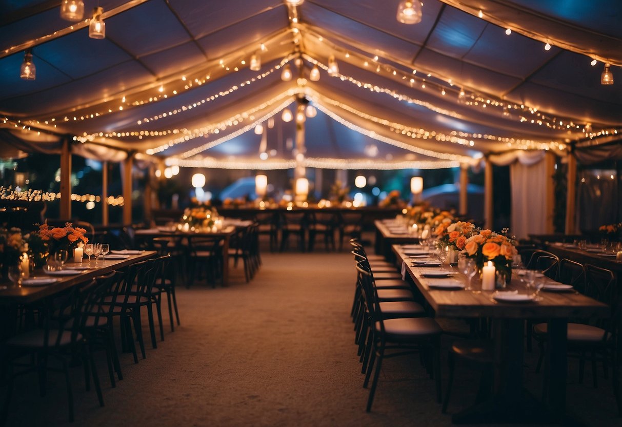 Vibrant neon signs illuminate a modern wedding tent, casting a colorful glow on the sleek, contemporary decor